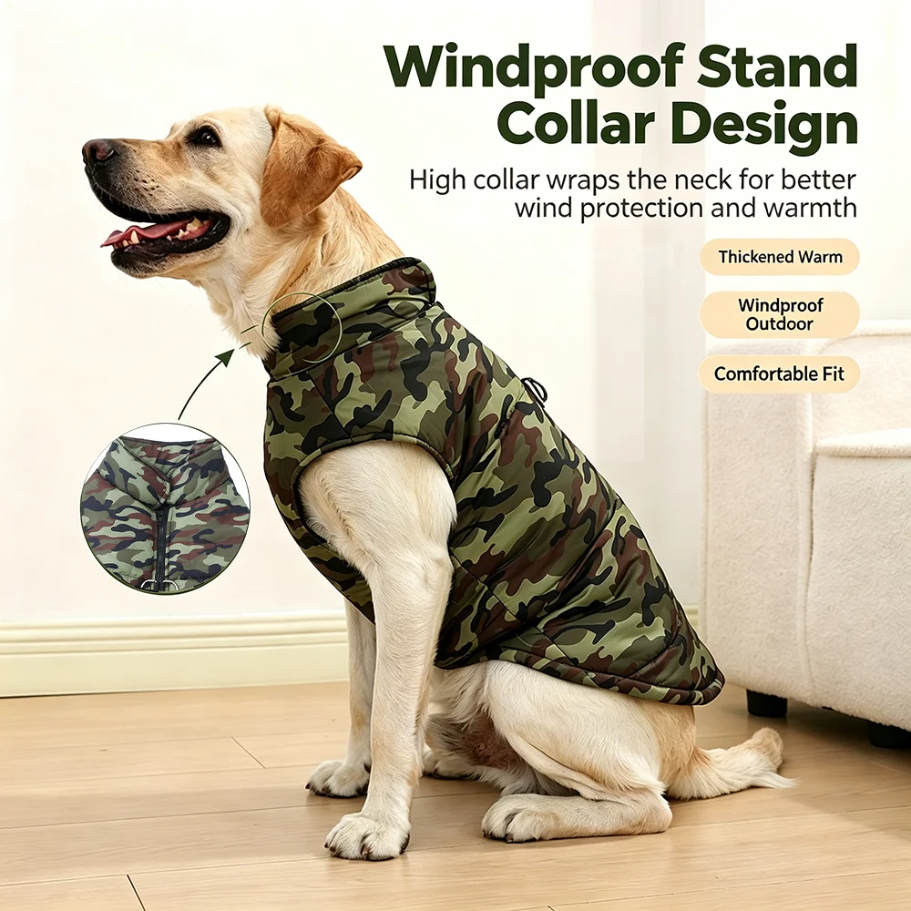 Winter Warm Clothes for Medium Large Dogs Windproof Padded Dog Vest Jacket with D-ring Fashion Camouflage Print Labrador Outfits