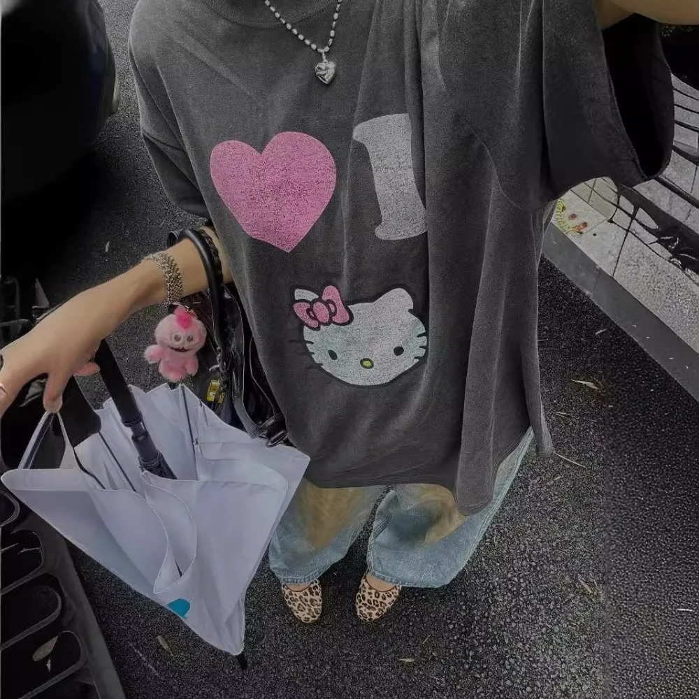 

Hello Kitty T-shirt Cute Cartoon Originality Printing Loose Round Neck T-shirt New Fashion Comfort Leisure Versatile Tops Gifts
