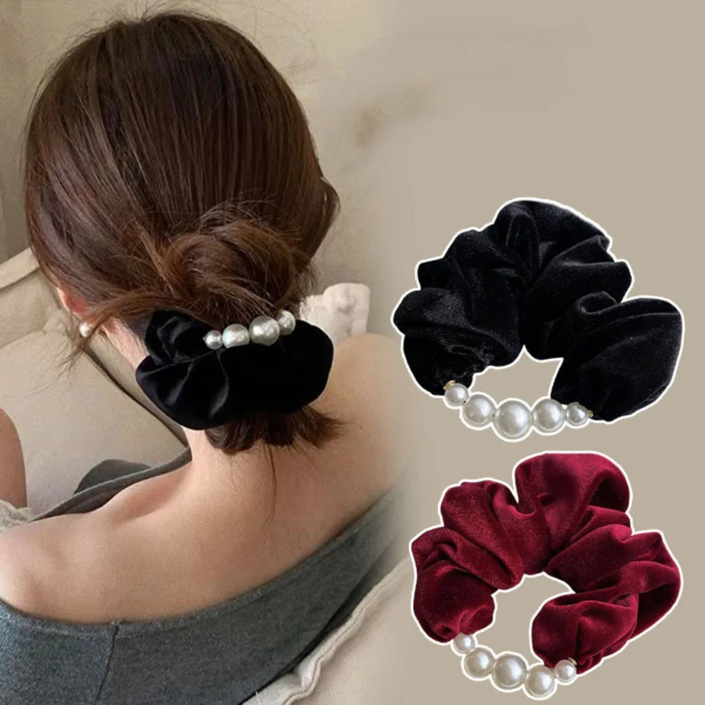 

Fashion Advanced Classic Velvet Pearl Hair Ties Scrunchies for Women Girls Ponytail Holder Korean Hair Accessories