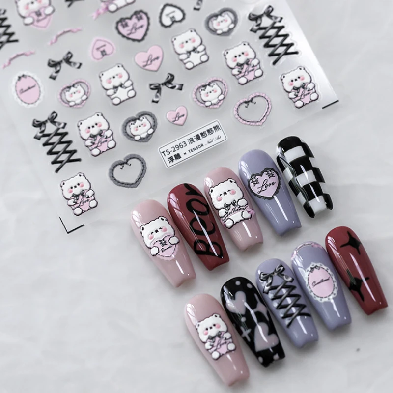 Autocollants 3D en dentelle rose pour Nail Art, décalcomanies avec nœud papillon, cœur d'amour, petit ours mignon, sous-vêtements de Charleroi en relief doux, 5D