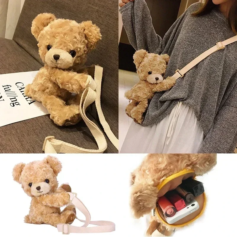 Cute Bear Women Girls Cute Smile Bear Soft Plush Doll Cross-Body Mini Messenger Bag Children Adorable Mini Bear Bags Gifts