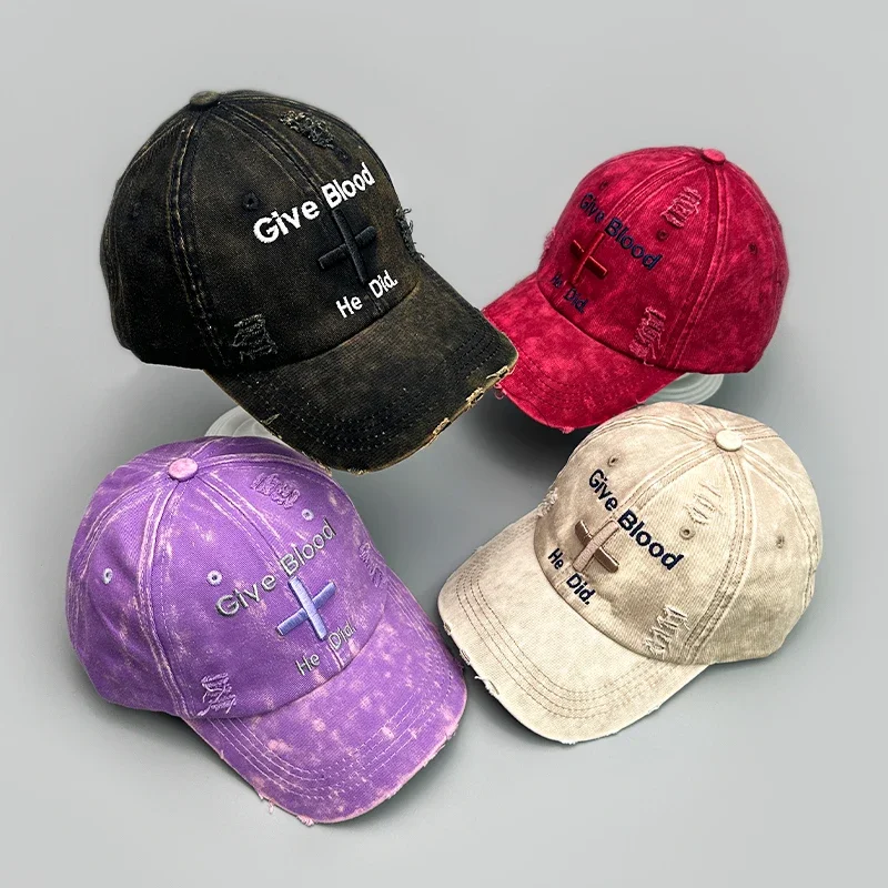 

New Unisex Letter Tie-dye Embroidery American Vintage Baseball Hats Versatile Fashion ins Broken Breathable Casual Peaked Caps