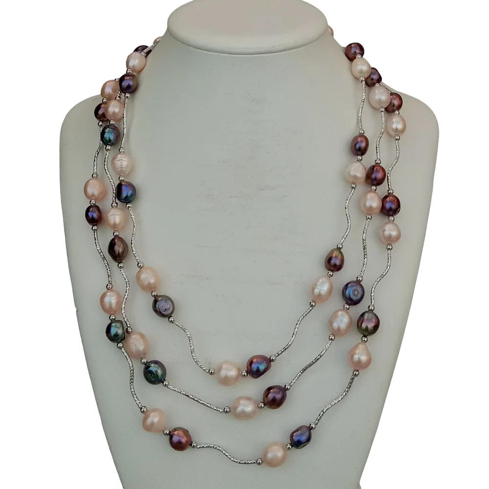Y·YING 3 Strands Cultured Freshwater Pink Rice Pearl Black Baroque Pearl Necklace 18.5