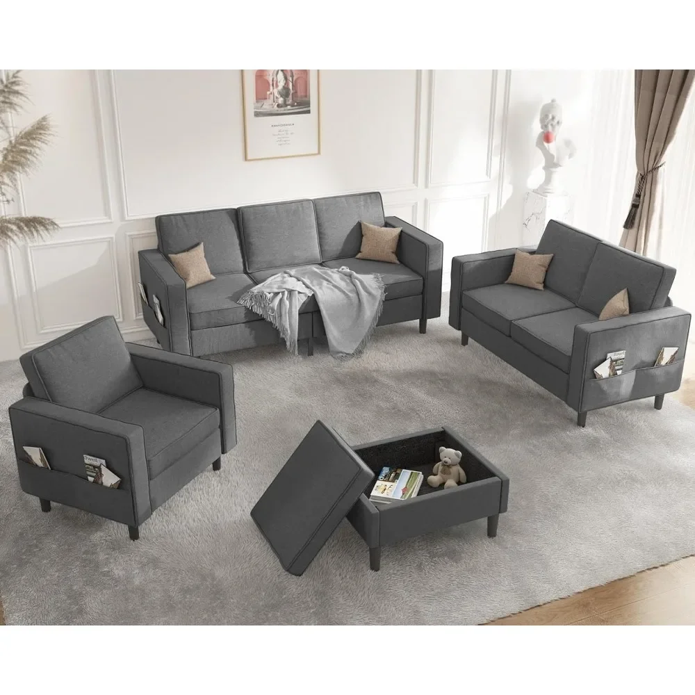 Living Room Sofas, 4 Pcs Sofa Couch Set with Storage Ottoman, 1+2+3＋0 Sofa Set, Living Room Sofas