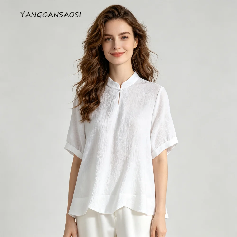 2026 Women's Summer New White Silver Thread Interwoven 32% Natural Mulberry Silk GuanLe Crepe Stand Collar Short Sleeve T-shirt