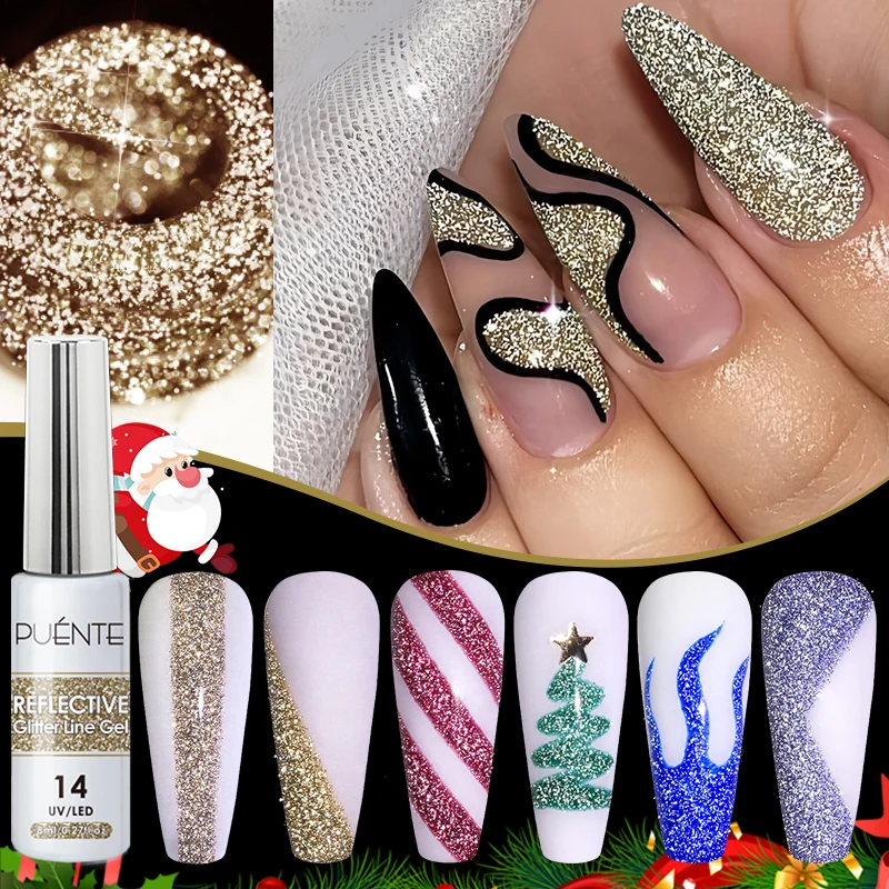

PUENTE 8ML Christmas Reflective Glitter Liner Gel Nail Polish Sparkling Diamond Glitter Nail Art Gel Soak Off UV Gel Varnish