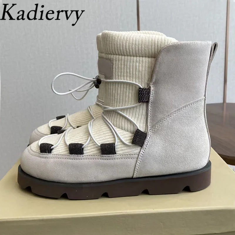 

Новые зимние ботинки, женские ботильоны с круглым носком и перекрестной завязкой, теплая зимняя обувь из шерсти с бусинами, женские короткие сапоги на плоской подошве в стиле пэчворк