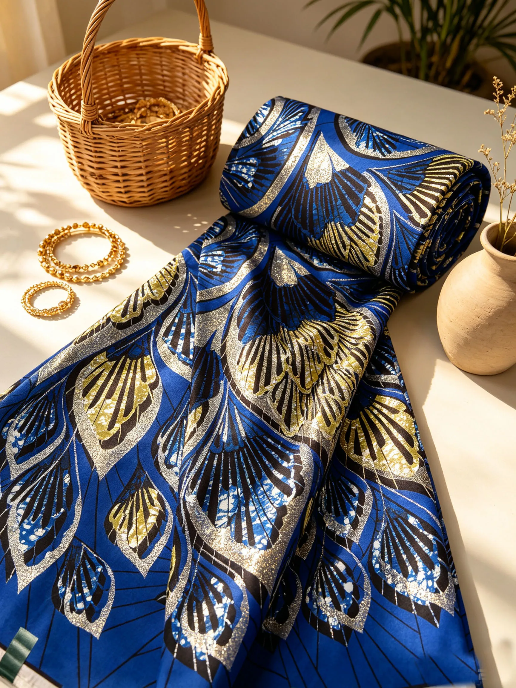 Royal Blue African Ankara Wax Fabric Gold Glitter Peacock Feather Print 6Yards Cotton Batik Cloth For Women Dress Sewing Pagne view 3