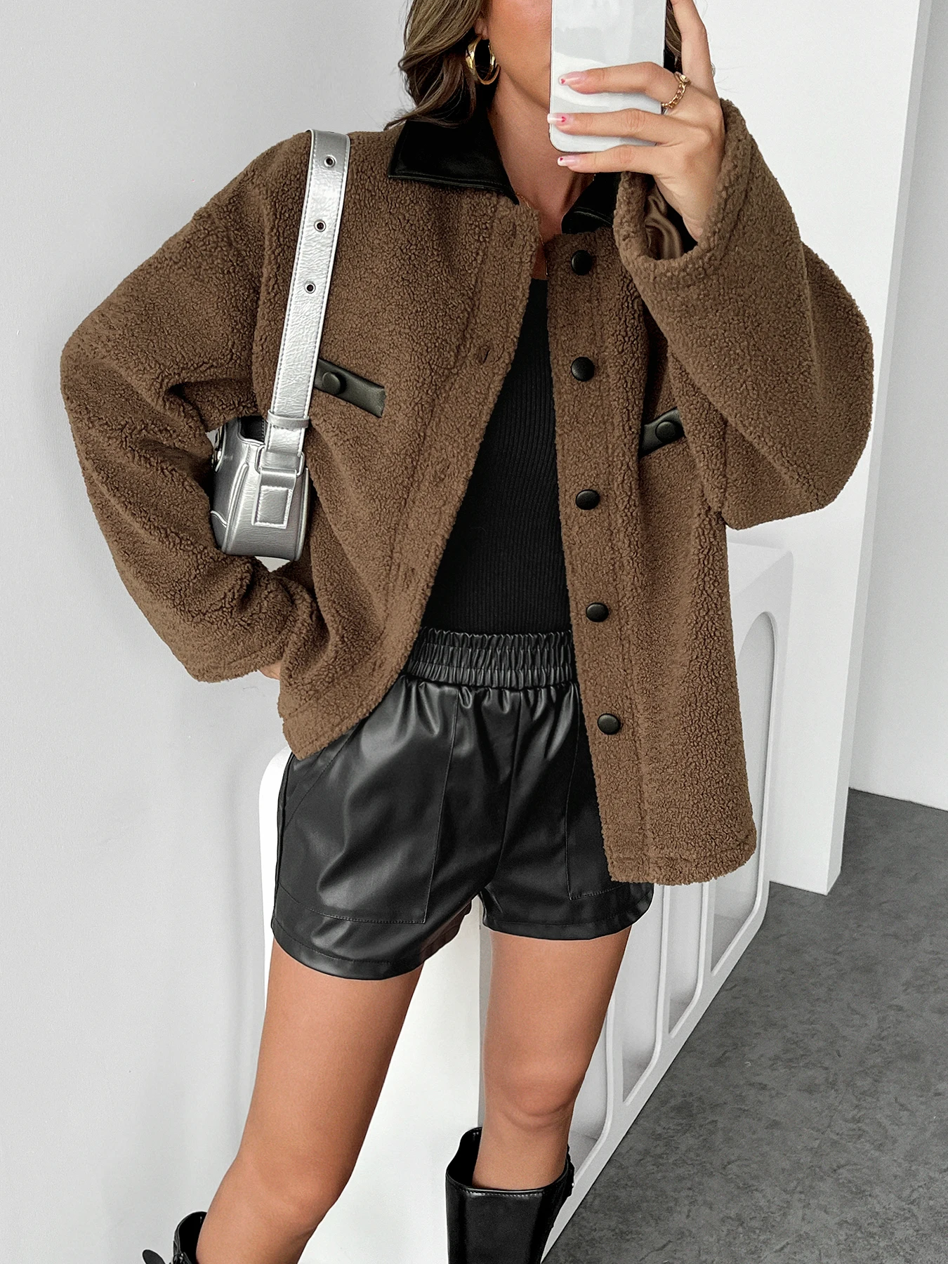 

Fashionable Jacket Casual Warm Coat for Female Autumn and Winter Leather Collar Small Fragrant Jacket Women's Clothing Solid