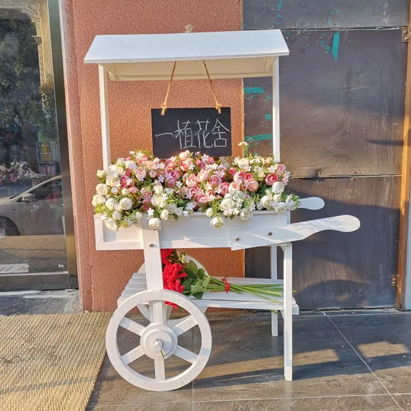 Rustic Wooden Cart Plant Stand, Farmhouse Flower Shelf for Balcony & Tea Shop, Decorative Trolley for Living Room Decor