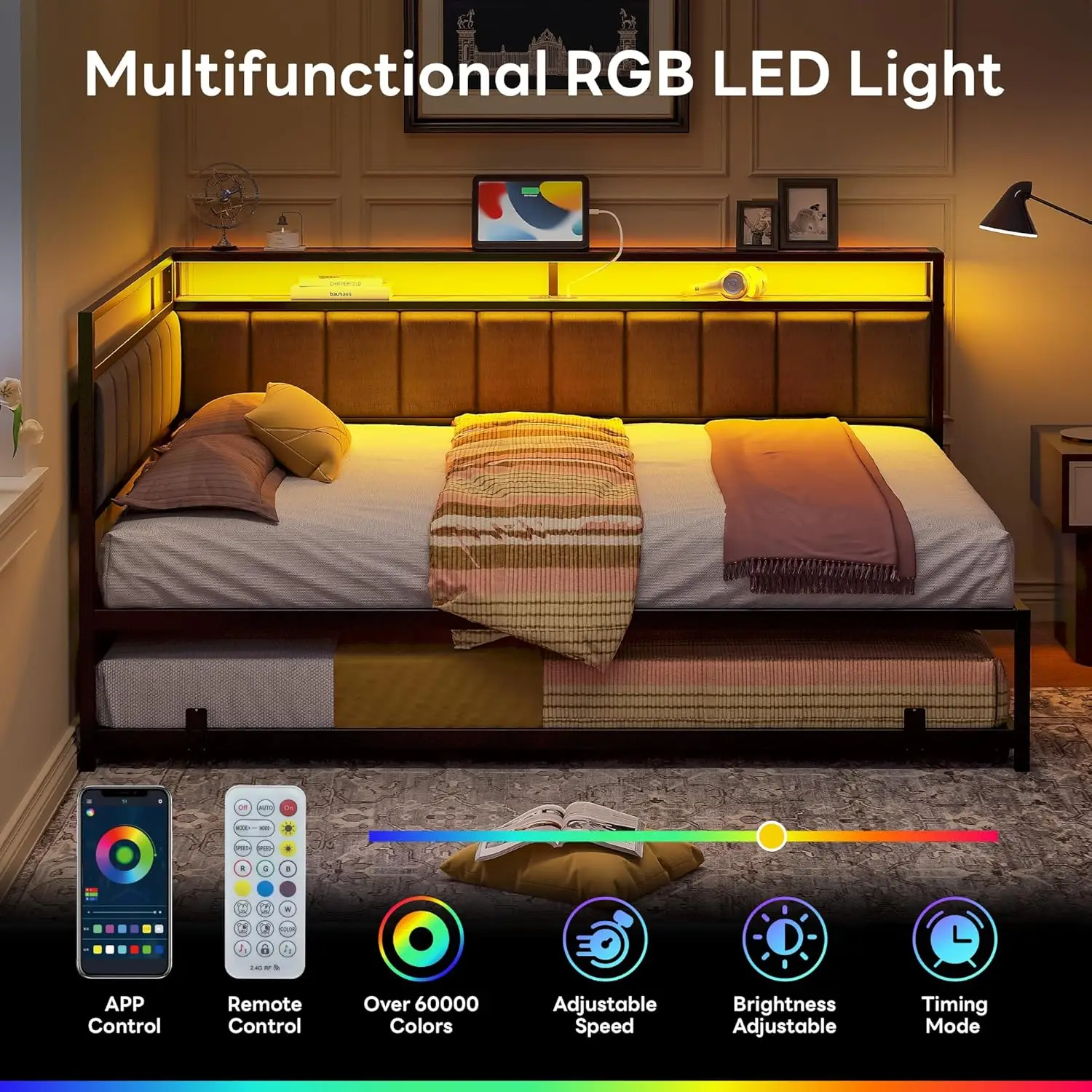 إطار سرير مزدوج كامل من LIKIMIO مع دولاب، ولوح أمامي للتخزين المنجد وأضواء LED، وسرير نهاري مزدوج الحجم مع محطة شحن #3