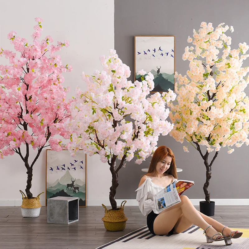 Home Decoration Artificial Cherry Tree Bonsai Wedding Indoor Living Room Floor Fake Plant With Basin Simulated Flower Decoration