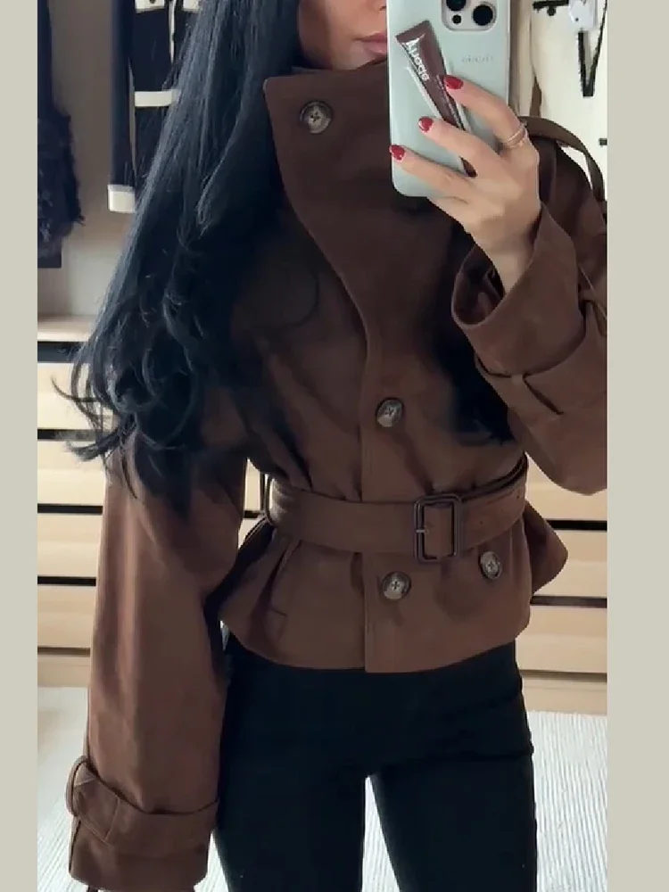 Herbst-Winter Damen Kurze Trenchjacke aus Kunstwildleder, Doppelreihig, Stehkragen, mit Gürtel, schmale Passform, lässiger Oberbekleidungsmantel – Detail 2