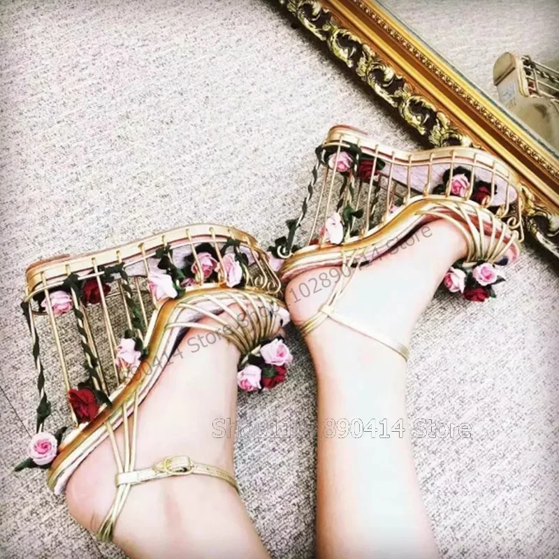 Sandalias de plataforma huecas con tacón de jaula de pájaros dorados con decoración de flores, Zapatos de Mujer con correa y hebilla en el tobillo, Zapatos de moda Para banquete 2025
