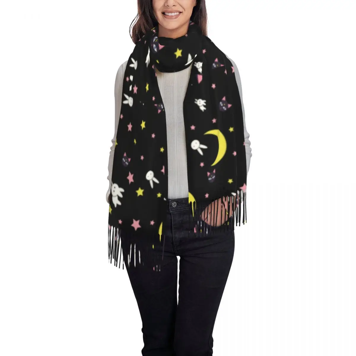 Custom Sailors Cartoon Moon Pattern Tassel Scarf Women Soft Luna Shawls Wraps Ladies Winter Scarves