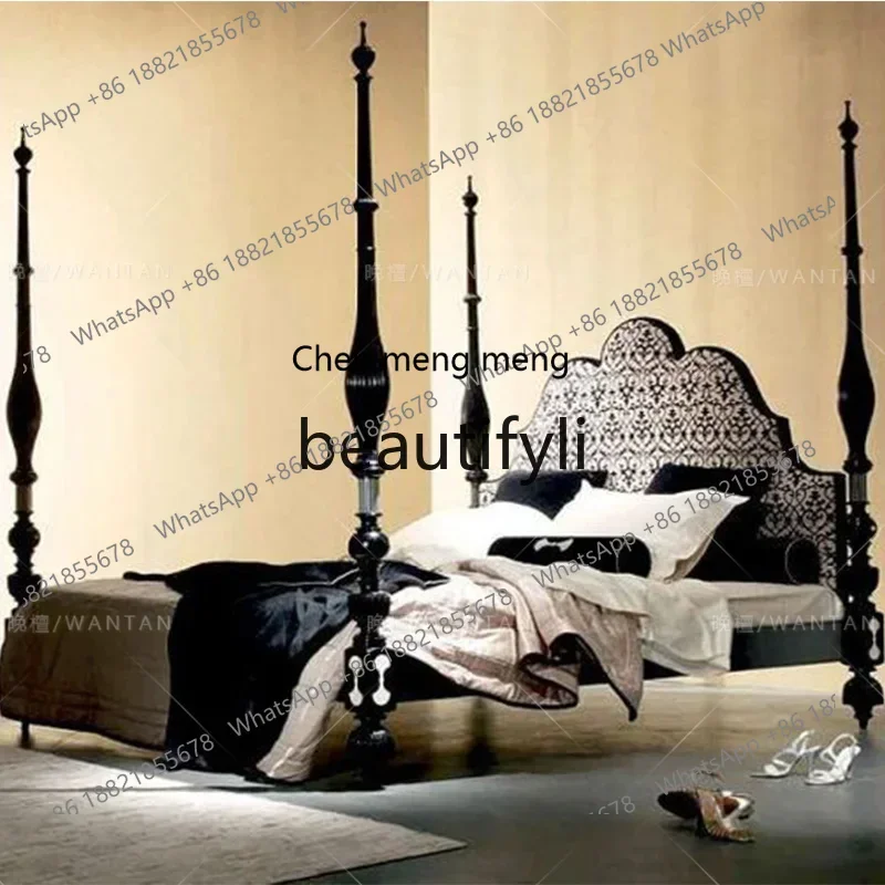 

American Retro Style Solid Wood French Bedroom Roman Column Fabric Wedding Bed 1.8m Double Bed