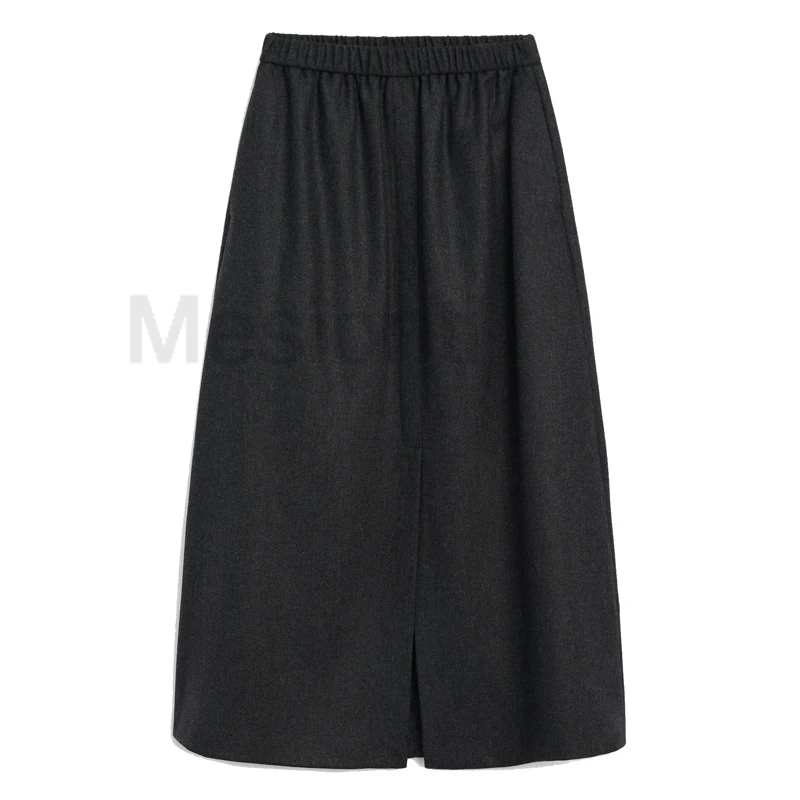 New Women Skirts Vintage Elastic High Waist Dark Gray A-line Midi Skirt Front Slit Office Lady Wear Elegant Skirts y2k klamotten