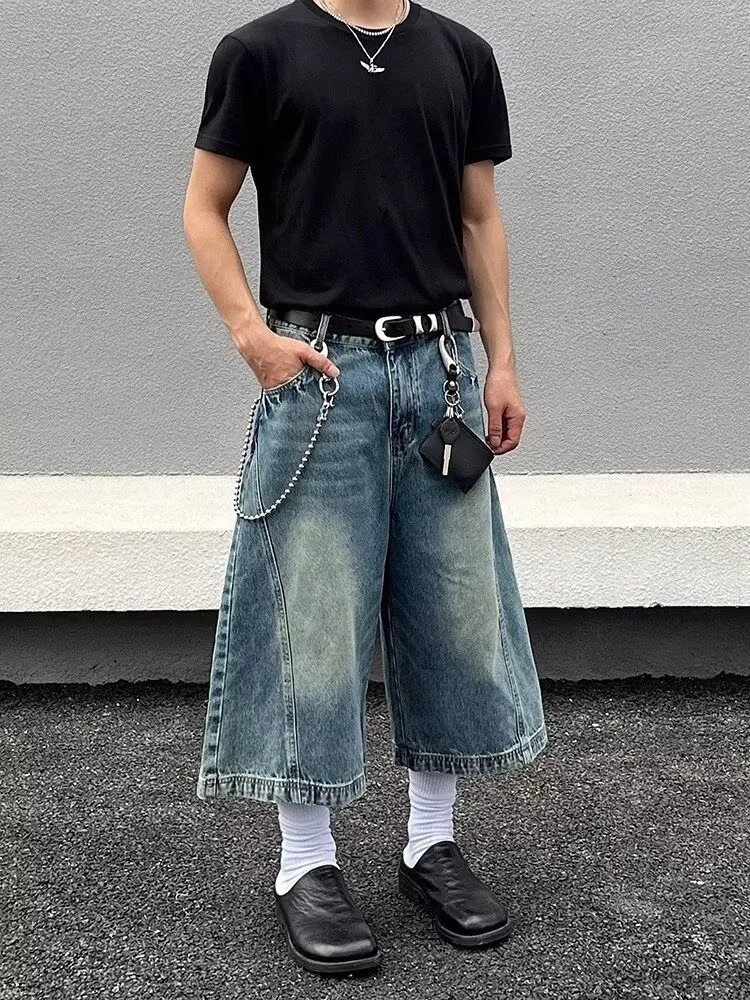 

Retro American Wide Leg Denim orts Men's Summer Trendy Loose Street Hip Hop Seven Points orts Straight Leg Casual Pants