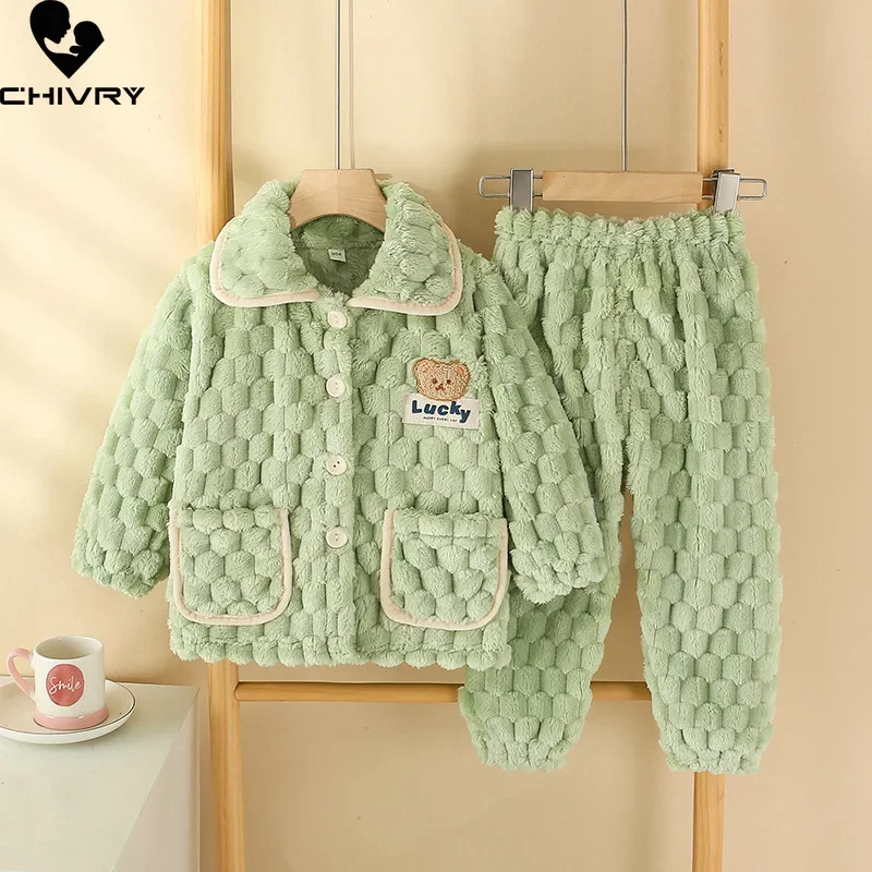 New Kids Boys Girls Autumn Winter Flannel Thicken Pajamas Baby Cartoon Long Sleeve Lapel Tops with Pants Sleeping Clothing Sets