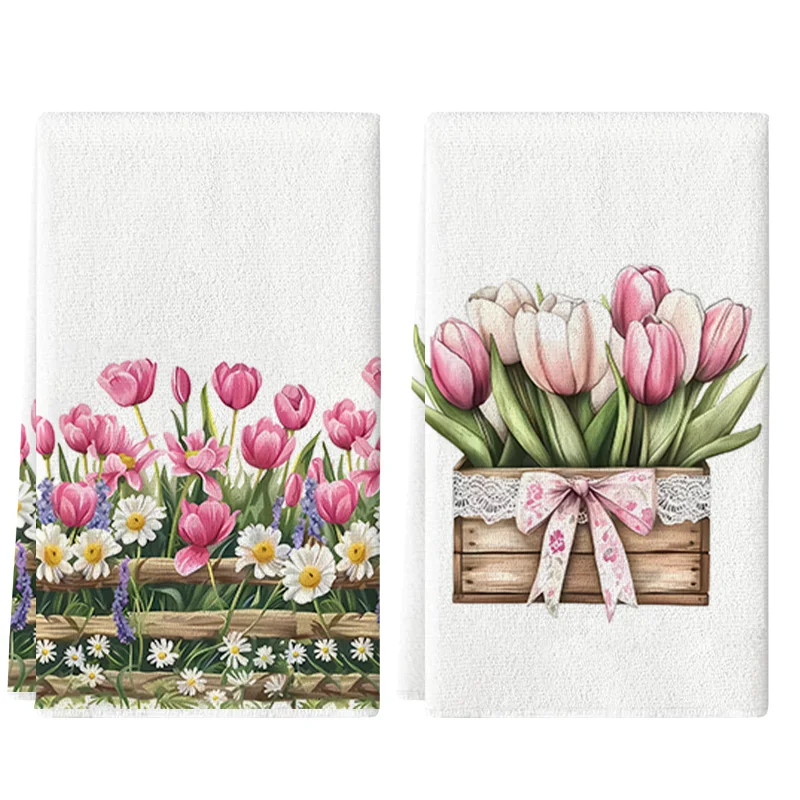 2Pcs, Wooden Box Floral Bouquet Kitchen Towels, 40Cm*60Cm Towel Set, Super Absorbent Soft Cleaning Cloth, Cooking and Baking Tea Towel, Hand Towel, Cleaning Cloth, Dishwashing Cloth, Kitchen Decoration, Living Room Decoration, Kitchen Essentials, Home Essentials