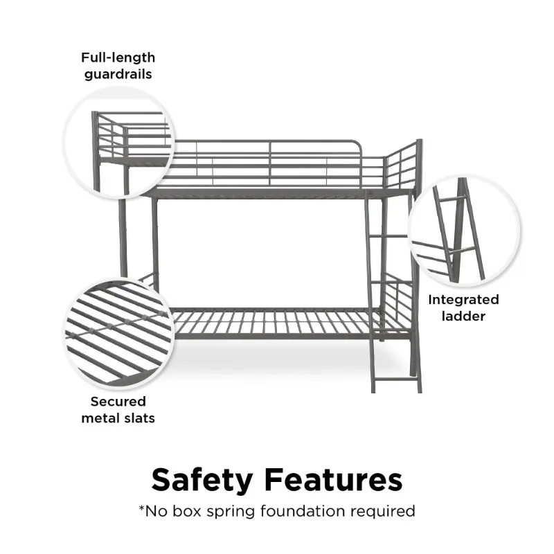 Convertible Twin over Twin Metal Bunk Bed, Silver bedroom furniture  bed frame  twin bed frame