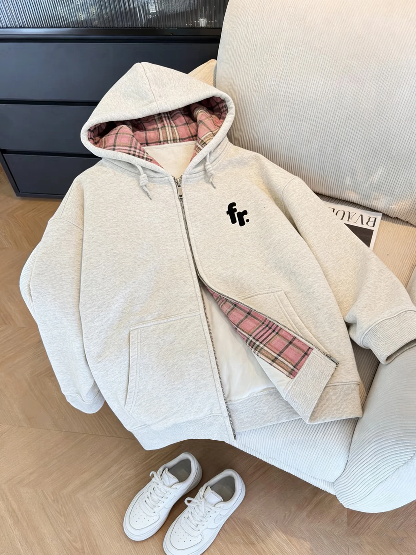 

Korean College Sle Vintage Color Blo Plaid Hoodie Jaet Women's Spring Autumn Loose Slimming Versatile Top