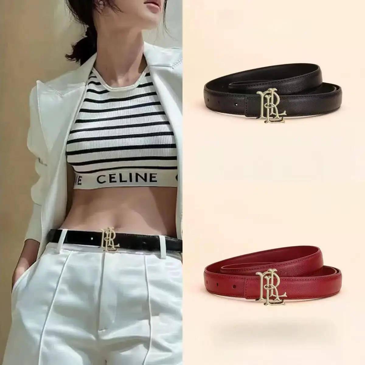 Women's Reversible Letter Interlocking Buckle Belt, Contrast Stitching Wide Waistband for Dress Pants and Skirts