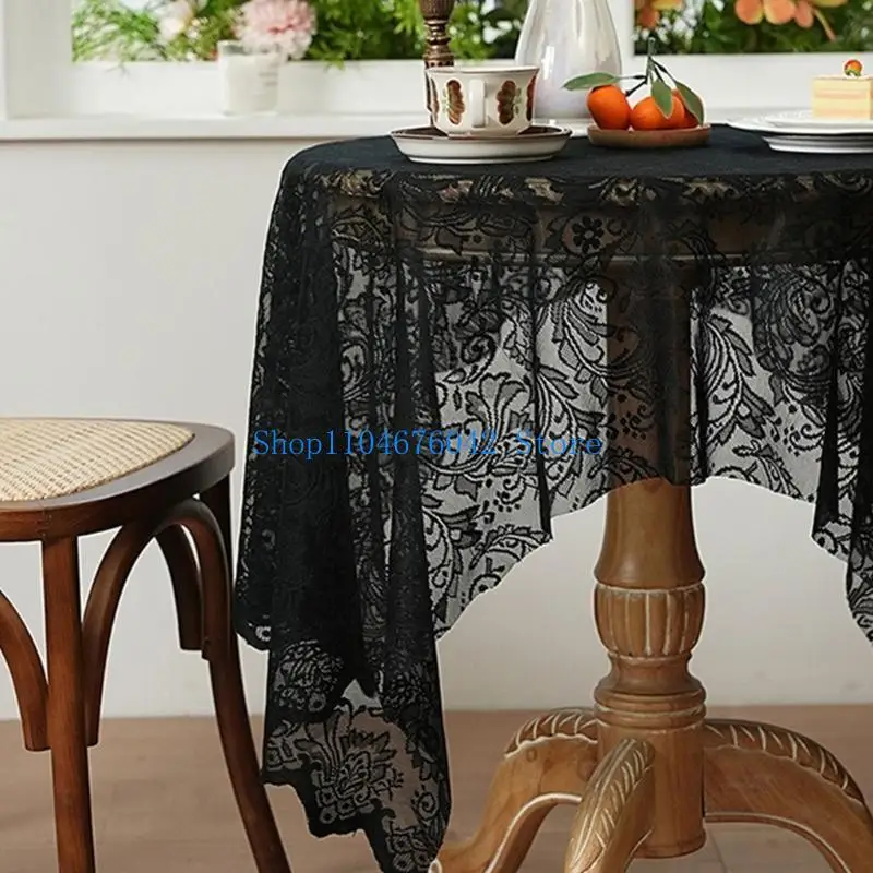 5asd Practical Lace Trimmed Tablecloth Sturdy Polyester Materials Easy Cleaning Decorative Cover for Dining Event