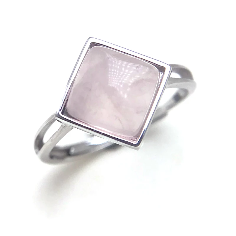 CSJ Trendy Natural Rose Quartz Ring 925 Sterling Silver Gemstone Square 8mm for Women Birthday Party Jewelry Gift