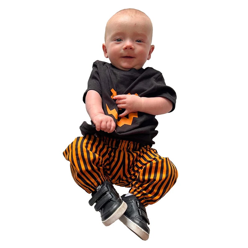 Baby Halloween Outfits Newborn Pumpkin Face Long Sleeve Round Neck Sweatshirt and Striped Pants Set Infant Suits