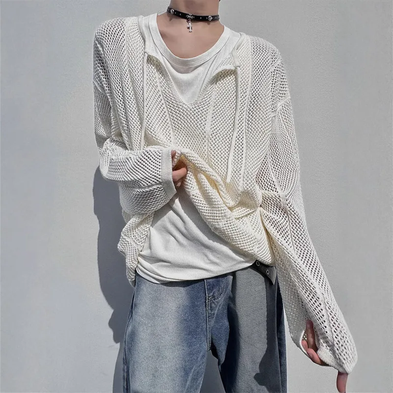 Lace-up V-neck Hollow Out Knitted Tshirt Mens Summer Casual Drop Shoulder Long Sleeve T-shirt Male Street Fashion Tee Shirt