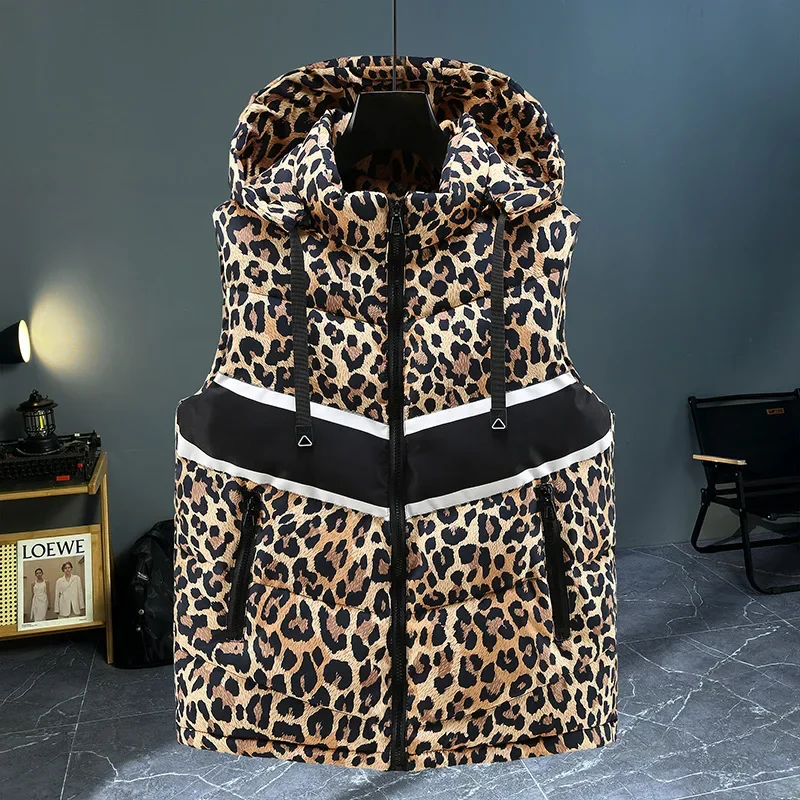 Winter Sleeveless Jacket Men Leopard Print Outerwear Vest Jacket Zipper Warm Thick Down Cotton Hooded Vest Man Slim Fit Coat