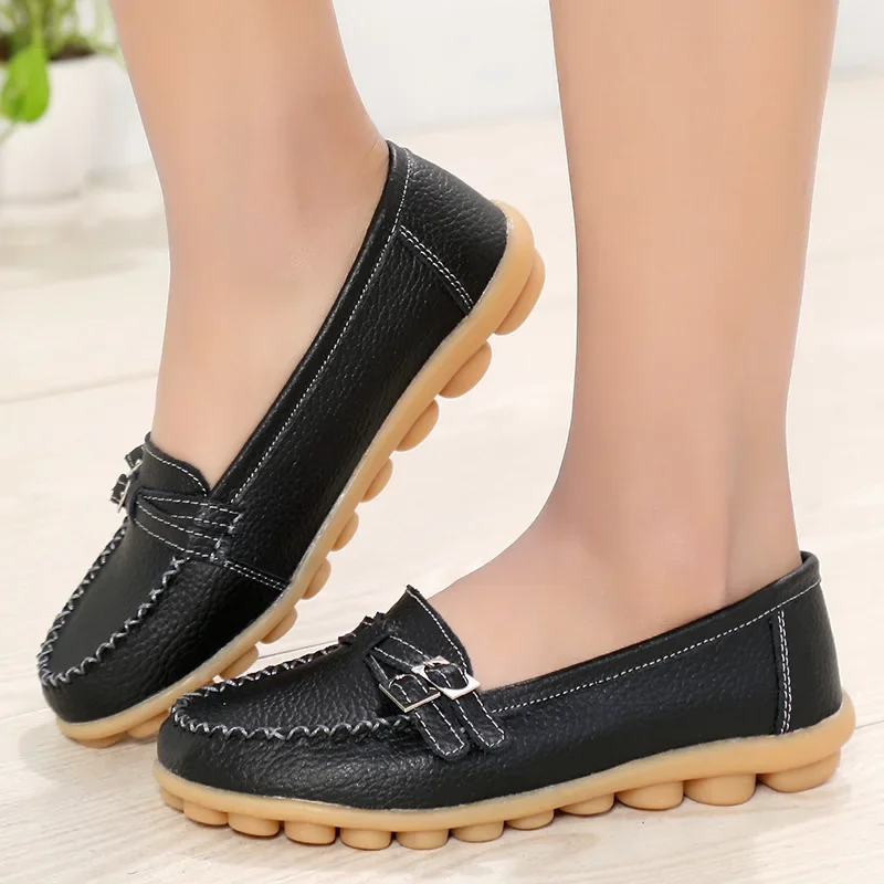 New Autumn Adult Version with Rubber Sole Soft Little White Shoe Slip-on Loafers with Pebble Shoes Women Leather Flat Nurse Shoe