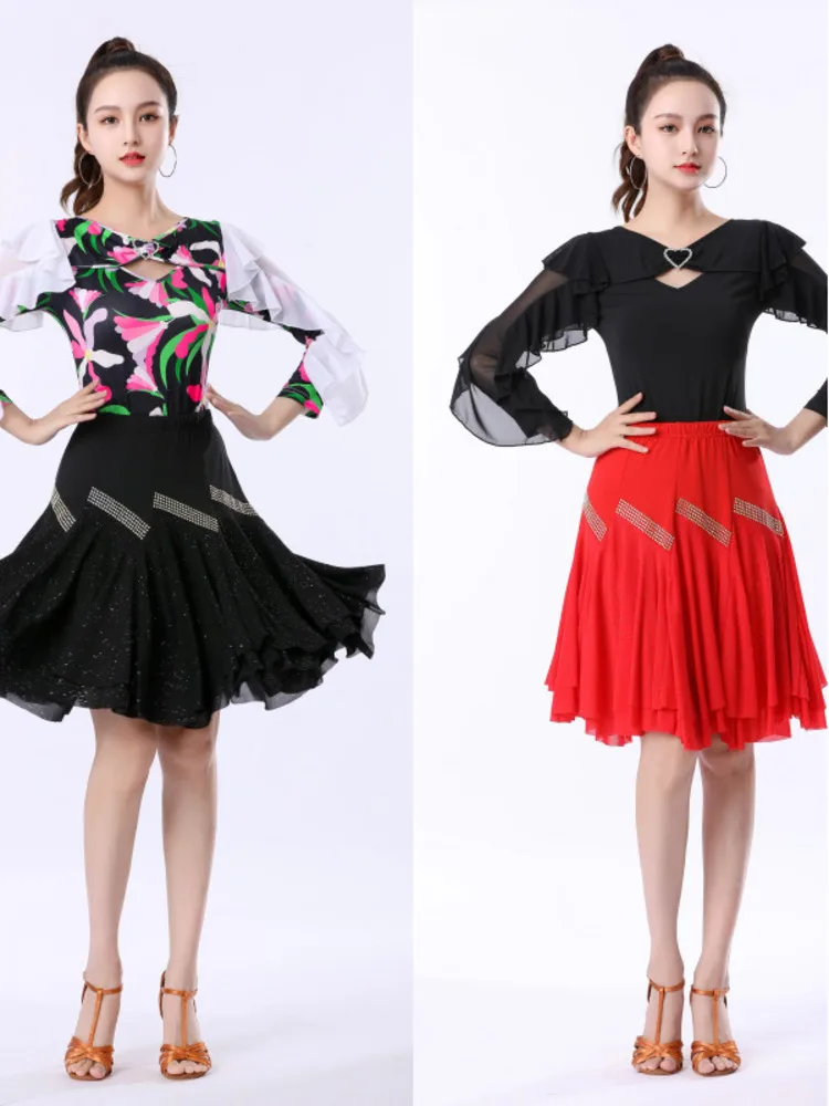 Ruffle Dance Sports Costume Latin Tops Skirts Practice Women Sequins Cabaret Competition Wear Woman Solid Color Suit Clothes