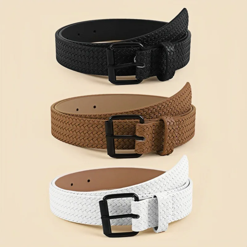 New Arrival Trendy Everyday Black Square Buckle Woven Pattern Women's Belt- Casual Simple and Versatile Decorative Leather Belt