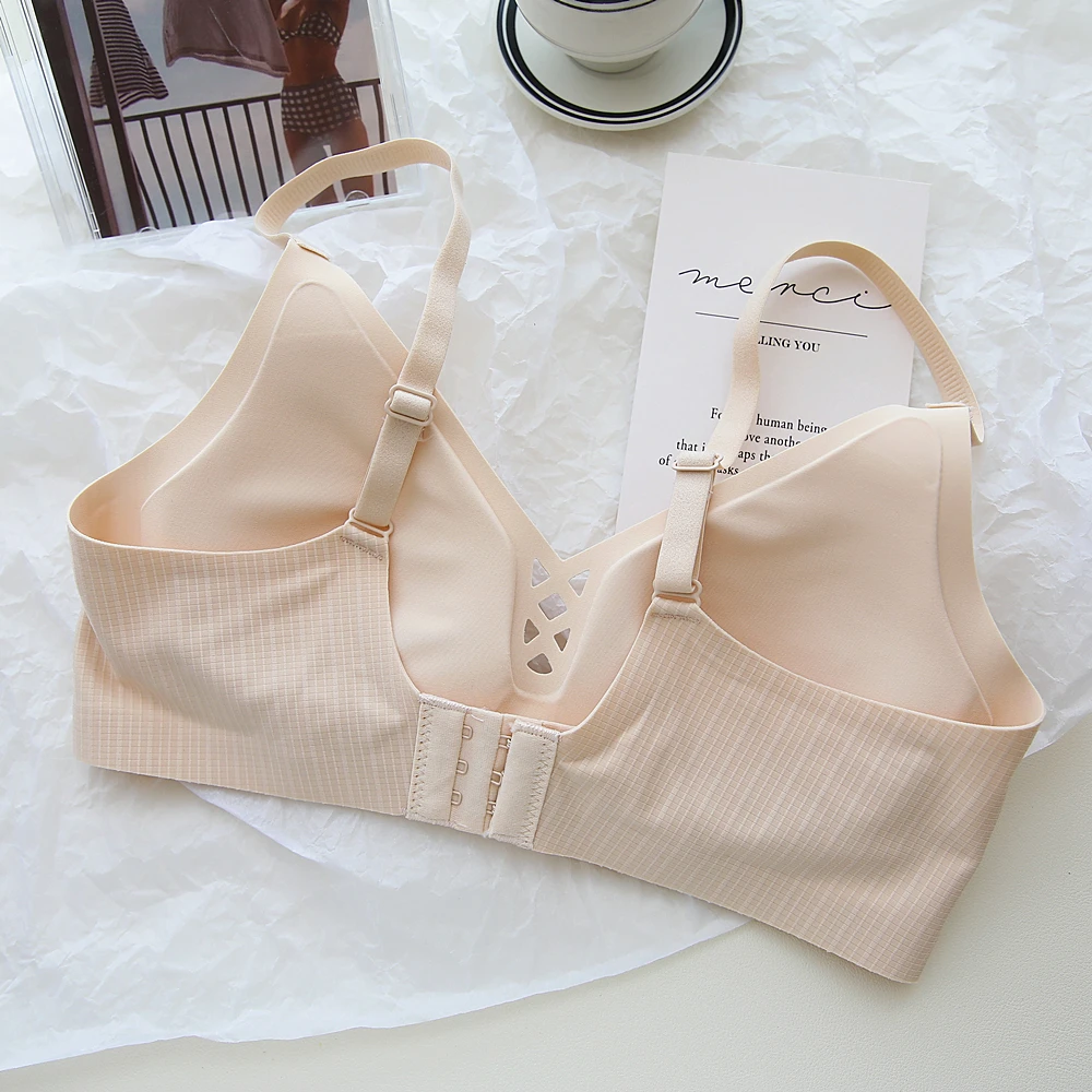 Solid color comfortable non-marking underwear small hollow sexy fixed cup pads without steel ring lingerie one-piece bra