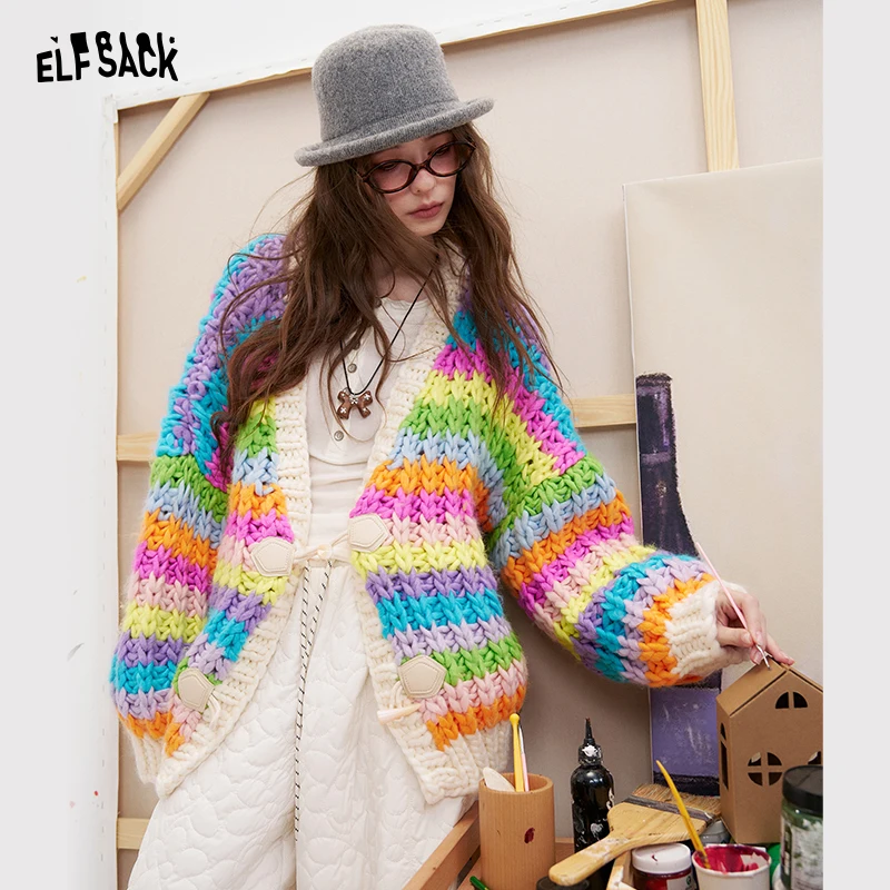 ELFSACK Women's Rainbow Striped Knit Cardigan with Colorful Stripes, Loose Casual Open Front Coat for Daily Wear