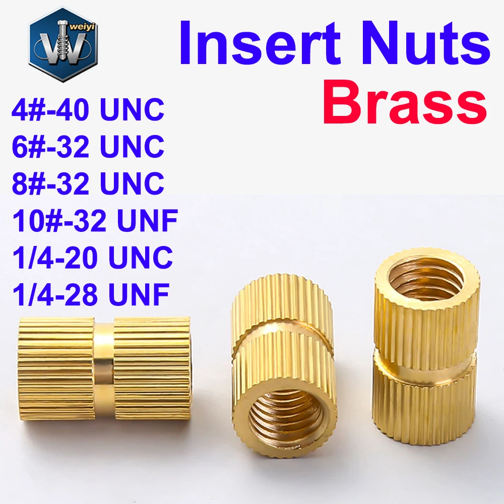 

Weiyi Insert Nuts 4# 6# 8# 10# 1/4 UNC UNF Thread Brass Hot Melt Knurled Injection Molding Copper Embedded Nutsert Through Hole