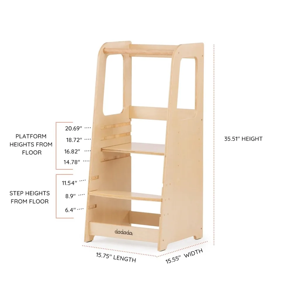 Adjustable Montessori Toddler Tower with Safety Rail - Kitchen Step Stool for Kids, Natural Wood Finish