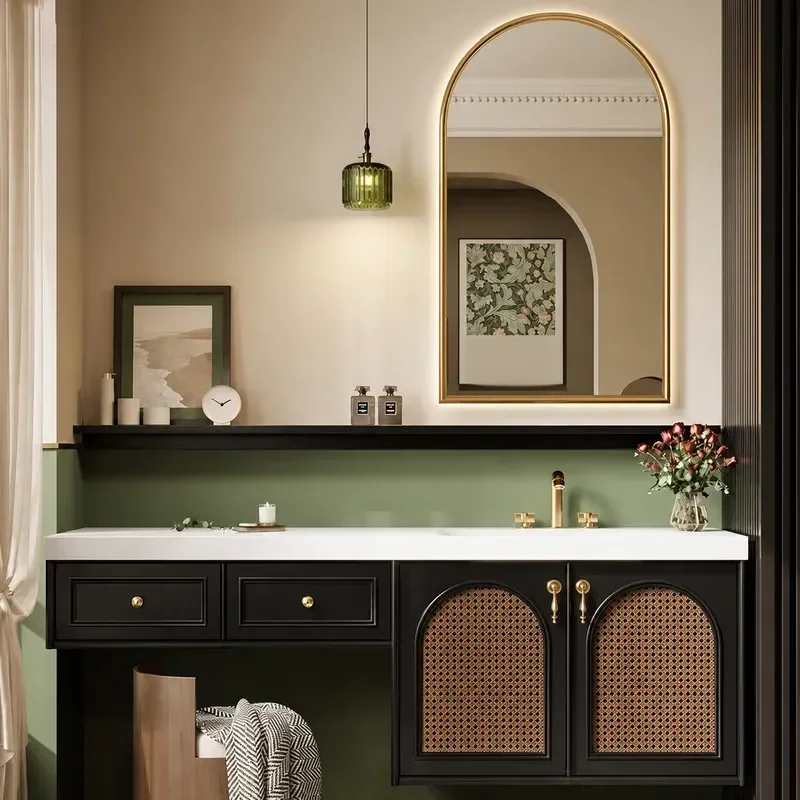 Oak French Retro Bathroom Cabinet with Slate Integrated Basin Hot Bending Washstand Toilet Vanity Dresser Combination