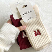 Women New Red Lovely Bow Mid-tube Beauty Korean Fashion Academy Style Boneless Pile Cotton Comfort Ins Sock Autumn Winter Socks