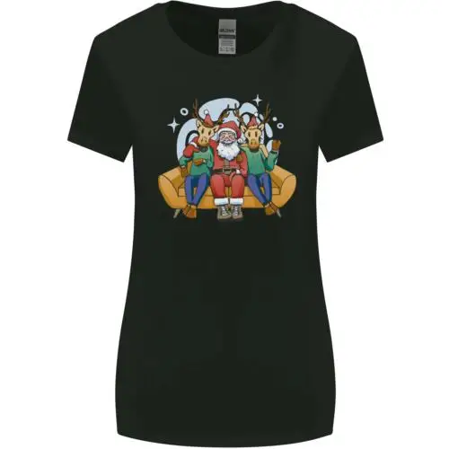 Santa Claus Chilling With Reindeers Christmas Xmas Womens Wider Cut T-Shirt