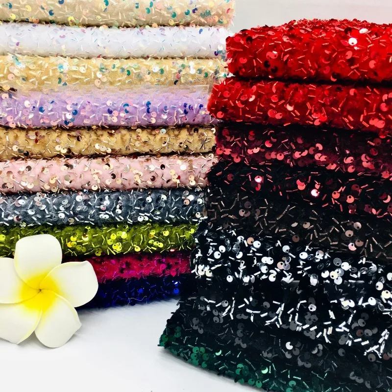 Encrypted 5mm Roll Velvet Cloth Sequined Fabric Women's Clothing DIY Shoe Material Bag Elastic Foam Embroidery Beads Embroidery