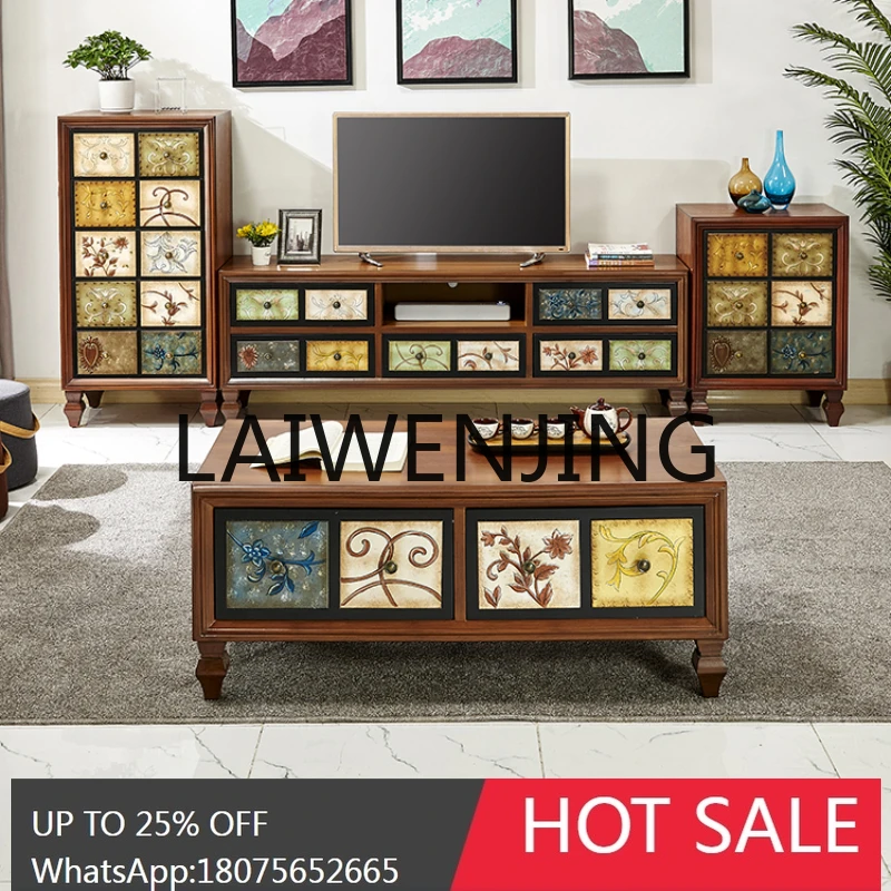 

RWJ American Retro TV Cabinet Solid Wood Furniture Suit Floor Cabinet Tea Table Combination