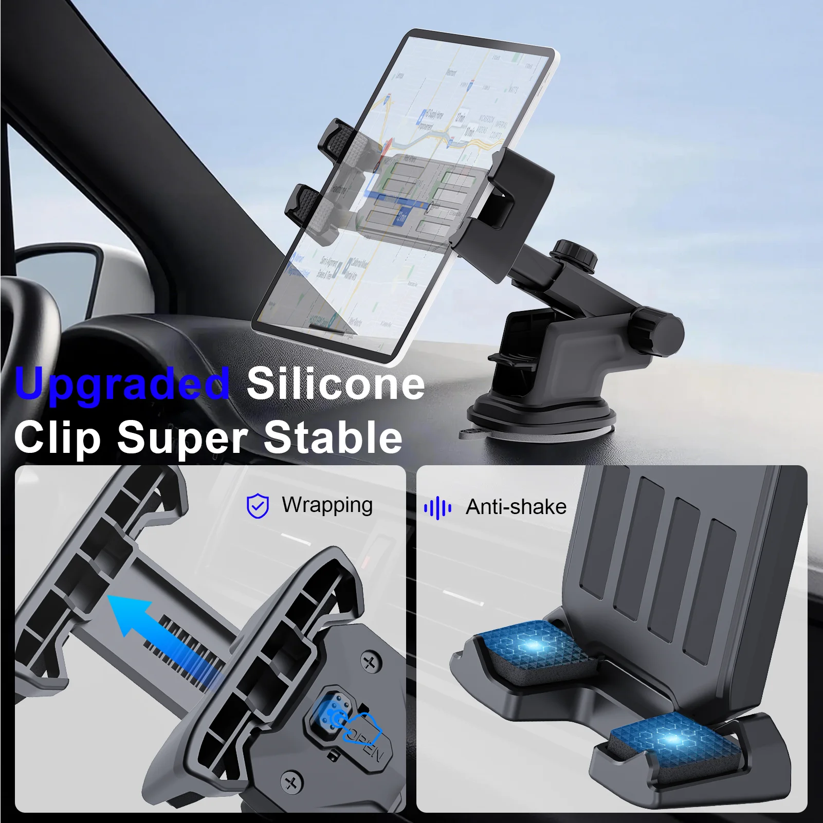 Car Windshield Dashboard Tablet and Phone Mount Adjustable Holder for Navigation and Calls Fits 4-13 Inch Devices Universal Fit