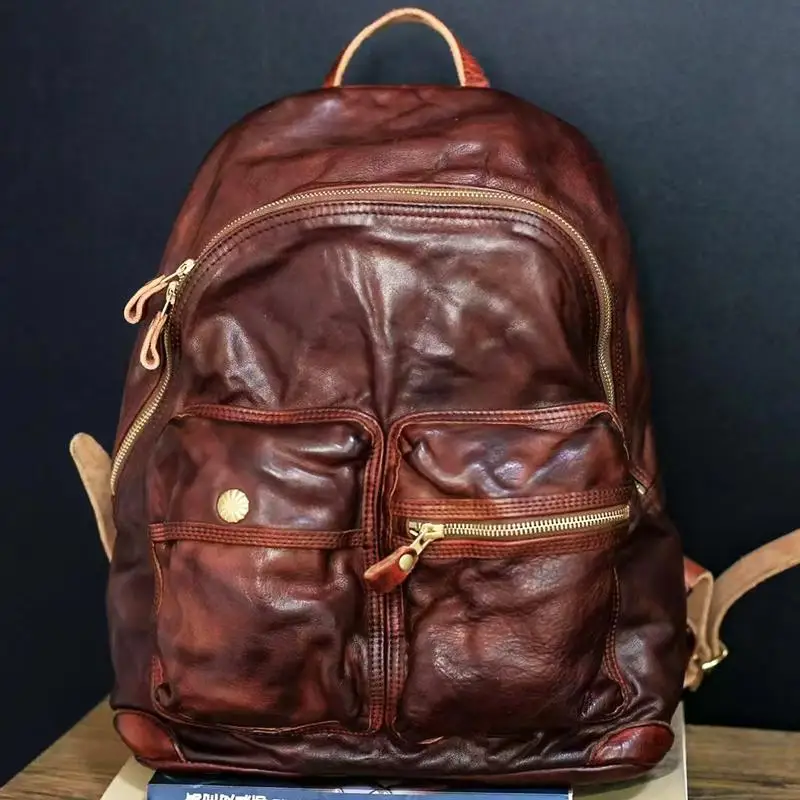 Vintage designer handmade genuine leather large capacity men's women's backpacks outdoor travel luxury cow leather schoolbags