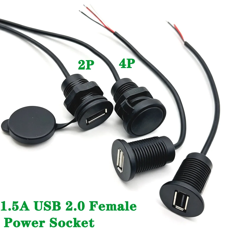 1.5A USB Female Port Convenient Mounting Threaded USB 2.0 Power Jack 2Pin 4Pin Charging Connector With Cable USB Charger Socket