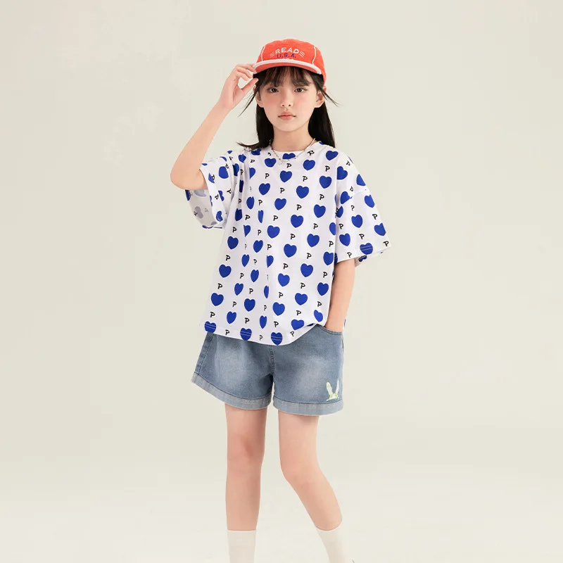 Korean Summer Junior Girl Loose Tee School Girl Heart Shaped Full Print Children Girl Pink T-Shirt Casual Breathable Top