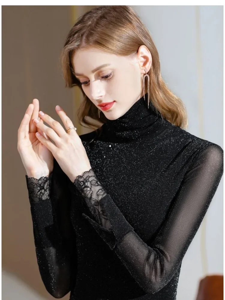 Chic Sexy Tops Mesh Bottom Shirt Women Clothing Tend Autumn Winter Turtleneck Long Sleeve Tops Slim Lace Harajuku Vintage Tops