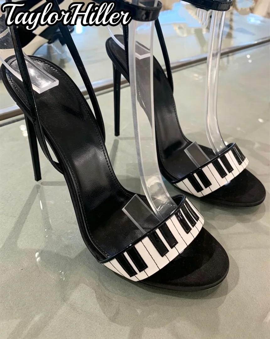 TaylorHiller Women Piano Heeled Sandals Key Print Stiletto Open Toe Ankle Buckle Strap Thin High Heels Ladies Party Club Shoes - view 2